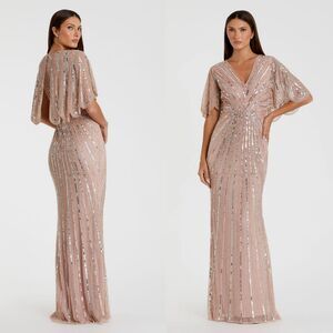 Mac Duggal NEW Sequined V-Neck Cape Sleeve Column Gown Vintage Rose $698 Size 14